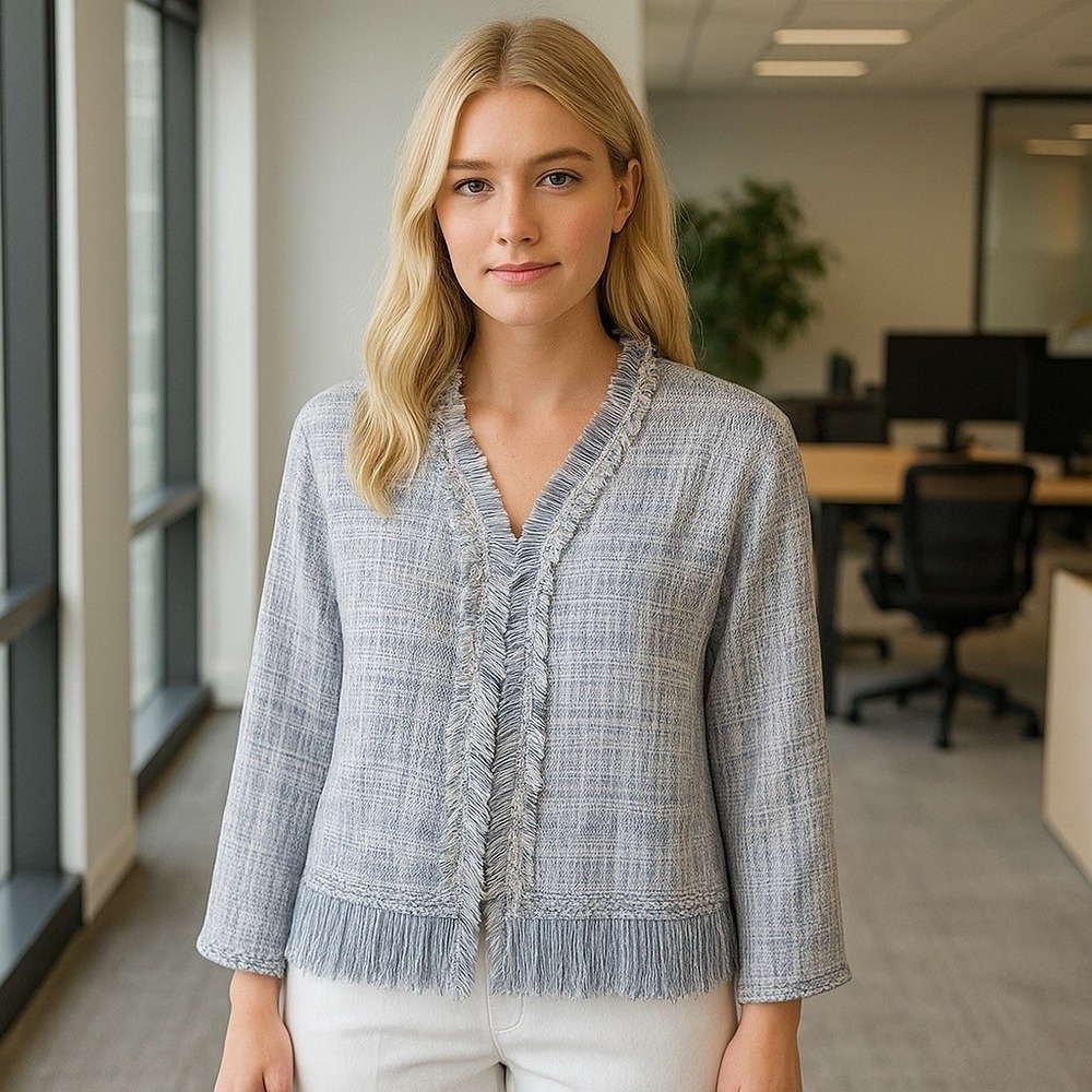 NEW WHBM Blue Tweed Fringe Open Front Jacket Old Money Career Preppy Luxury XL